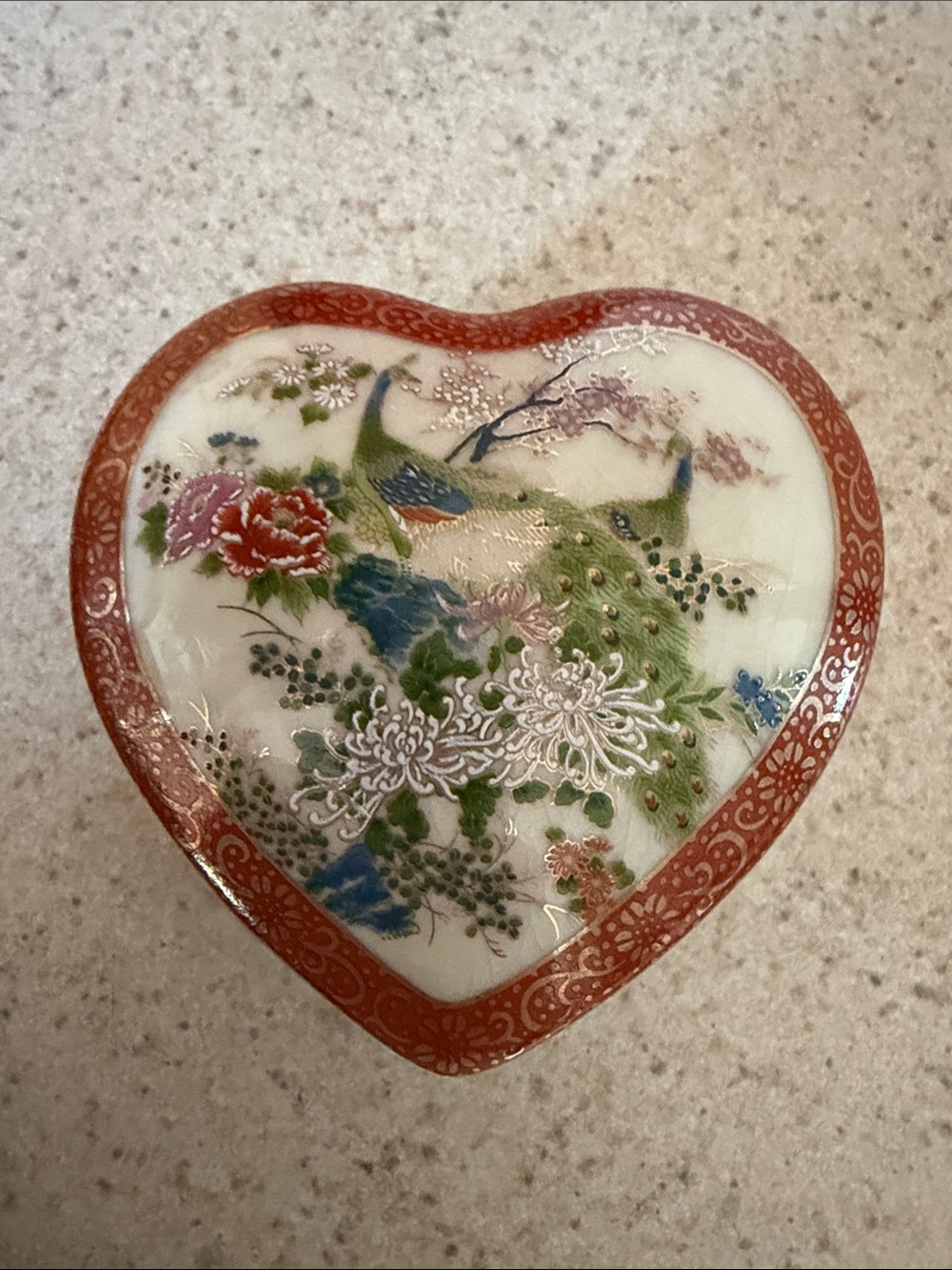 Hand-Painted Heart-Shaped Porcelain Trinket Box with Peacock Motif - Red Accent